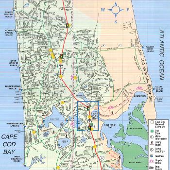 map view of Town of Eastham and lower cape area with beaches marked