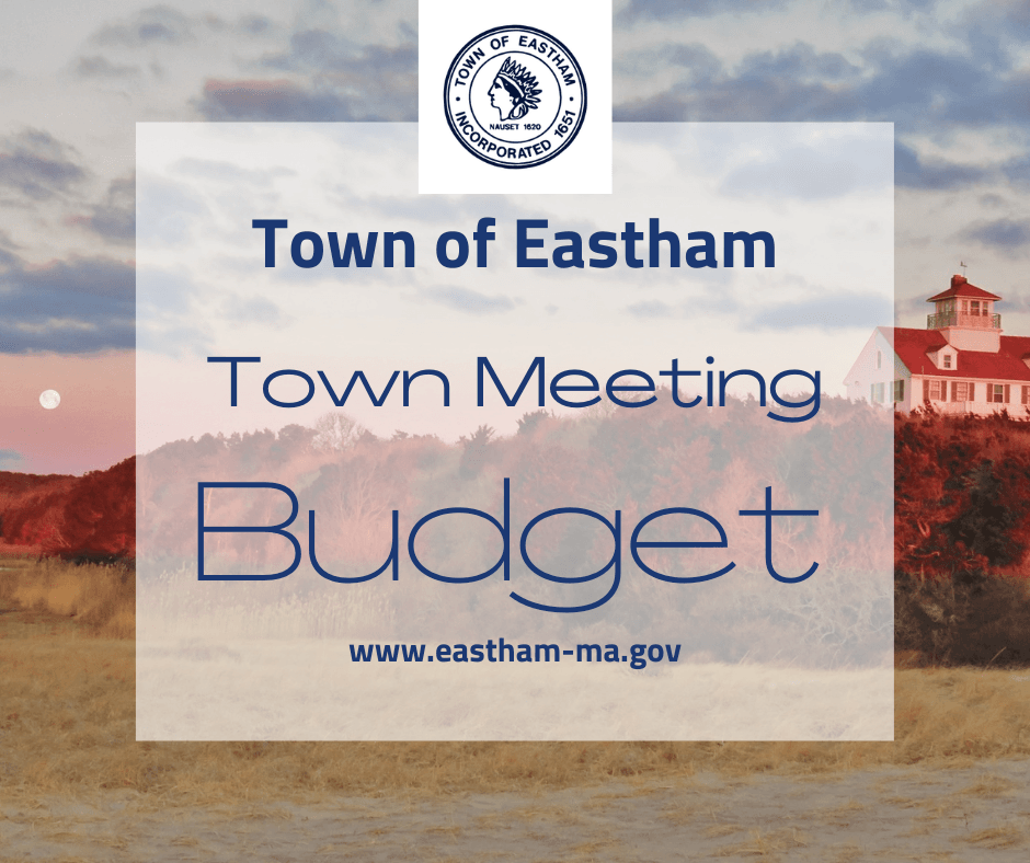 golden field with house on hill and text town meeting budget