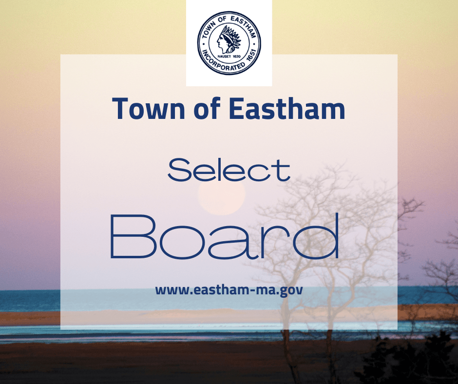 View of pink sky over ocean water text town of Eastham select board