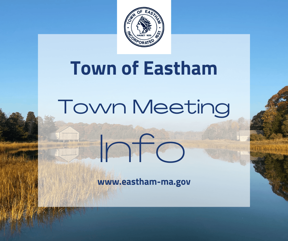 view of marshy grass with ocean flowing and sky with trees background text town meeting info