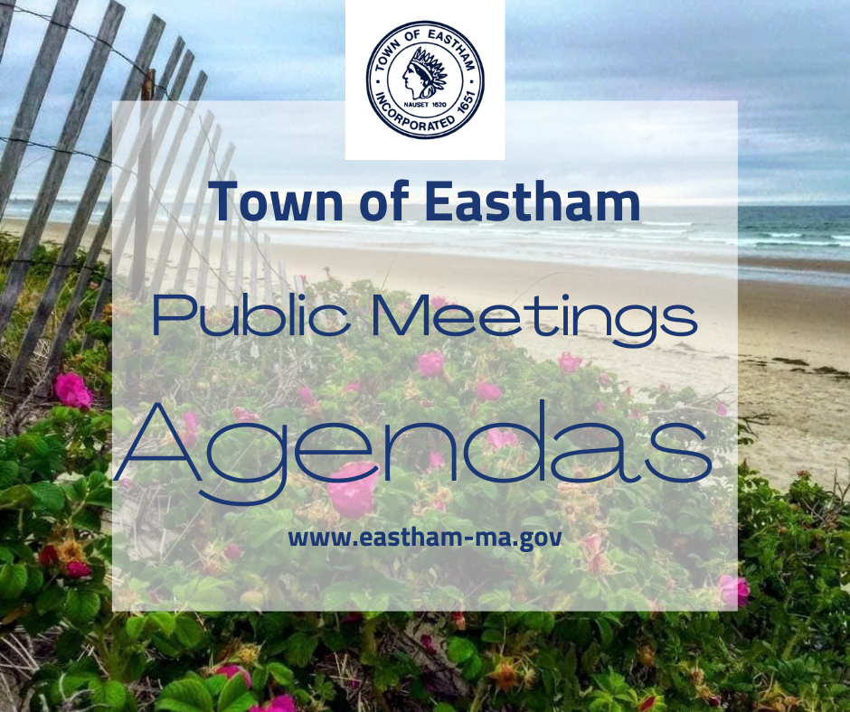view of ocean and sky through flowered path with wooden gate text public meeting agendas
