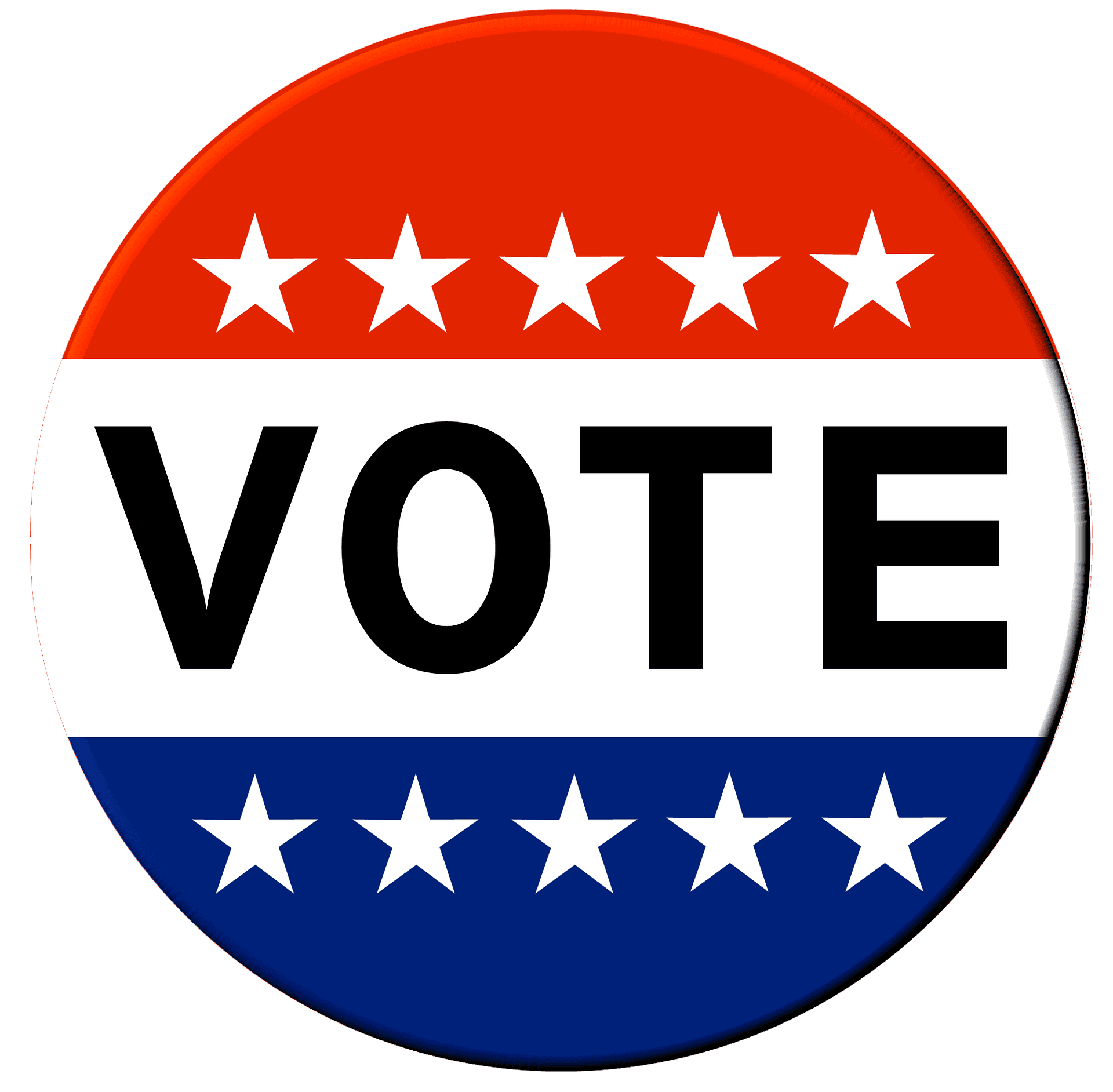Red white and blue button graphic with stars and text reading VOTE