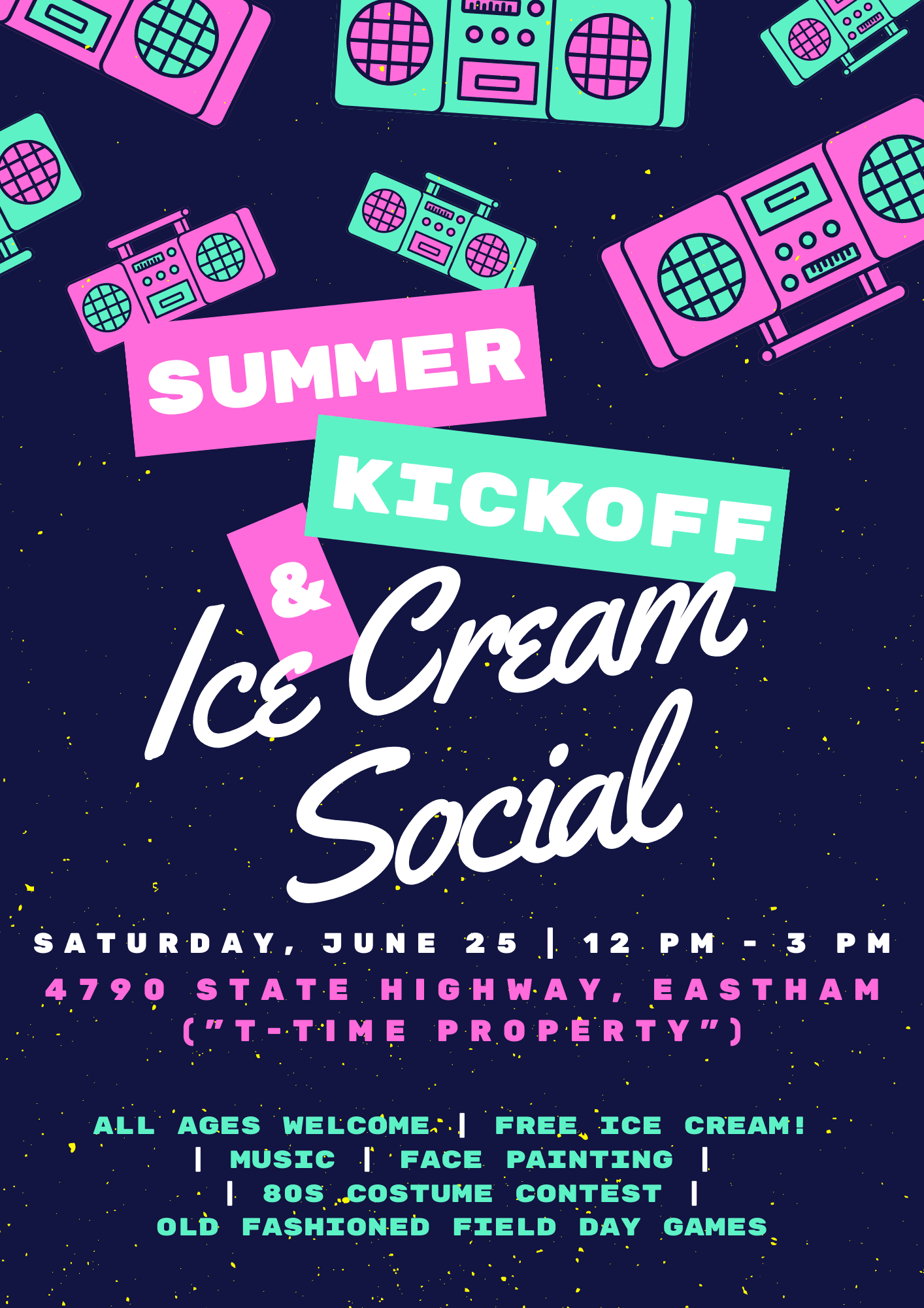 Text in pink and turquoise retro colors with floating boomboxes