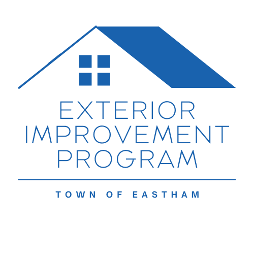 Blue icon of a building rooftop sits on top of text that says Exterior Improvement Program