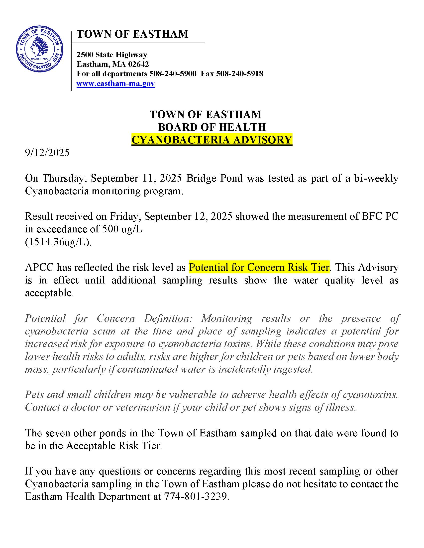 Cyano Advisory Bridge Pond September 2025