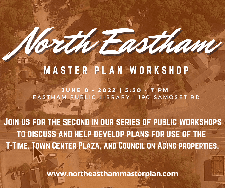 flyer with text overlaid on an aerial streetscape image. Full text in PDF.