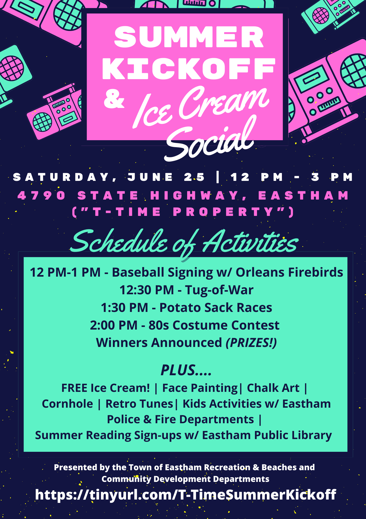 Navy blue, turquoise, and hot pink background with text